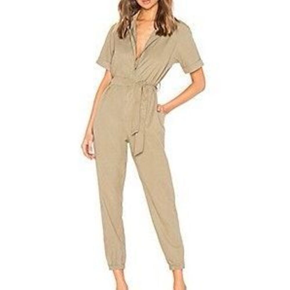 Monrow Short Sleeve Side Zip Detail Olive Jumpsuit Revolve Utility Sz M Medium